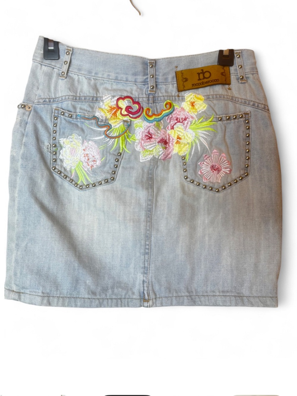 Vintage Y2K ROCCOBOROCCO Studed Embroidered Light Rinse Denim Mini Skirt IT 42